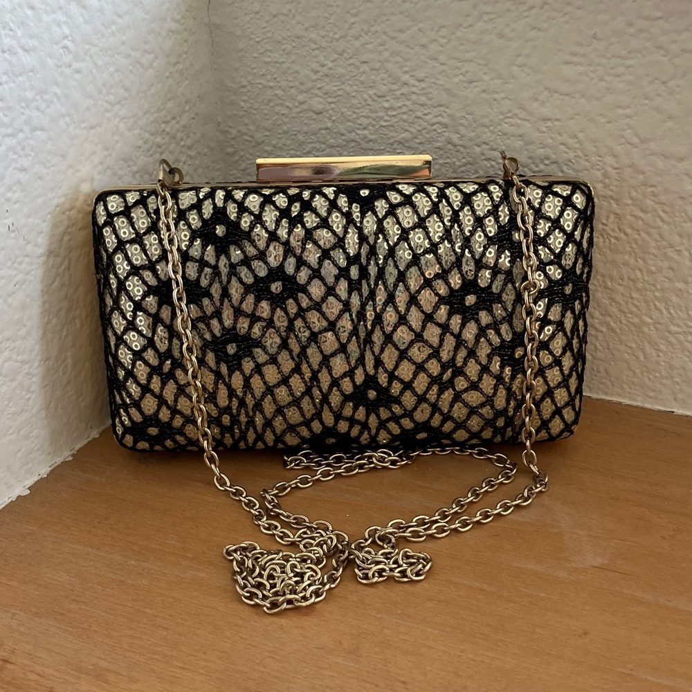Tasha Black and Gold Lace Clutch